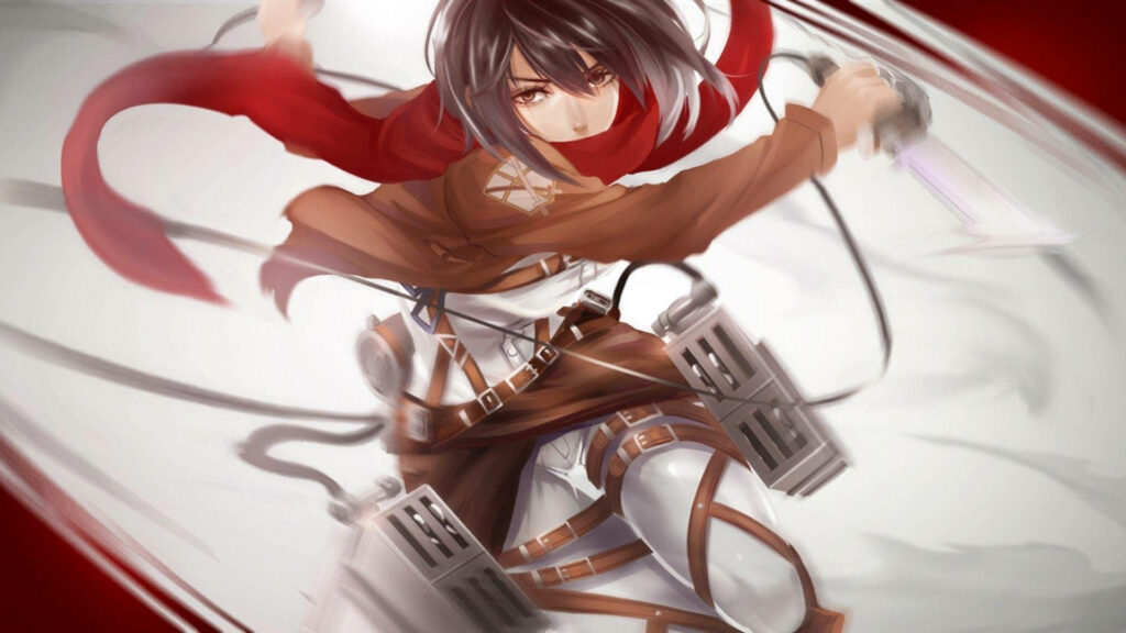 Dynamic Display of Mikasa's Masterful Sword Skills in Attack on Titan: A Captivating Snapshot of Mikasa donning 3D Maneuver Gear, Executing a Flawless Spinning Slash Wallpaper