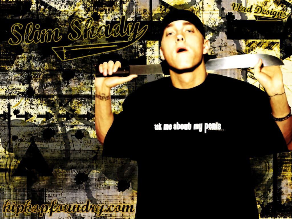 Slim Shady Eminem holding sword with urban graffiti grungy background wallpaper design
