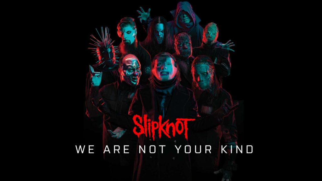 Slipknot band in iconic masks with red teal lighting on black background metal wallpaper poster