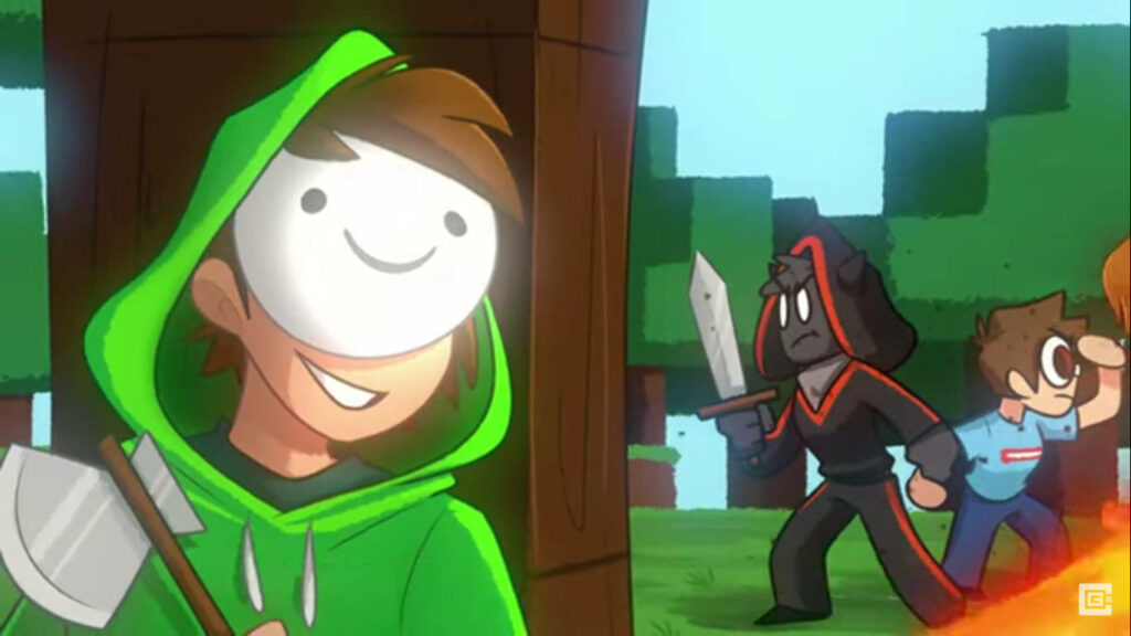 Mischief at Play: Animated Dream Tricky in the Shadows of Minecraft- A Sneaky Adventure! Wallpaper
