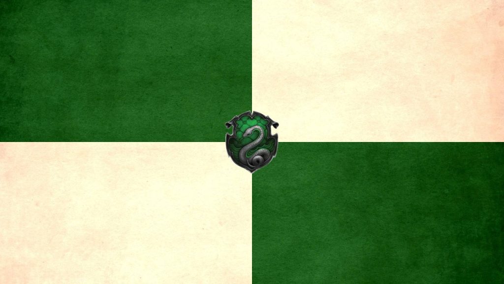 Slytherin crest on green cream checkerboard Harry Potter wallpaper for fans desktop background