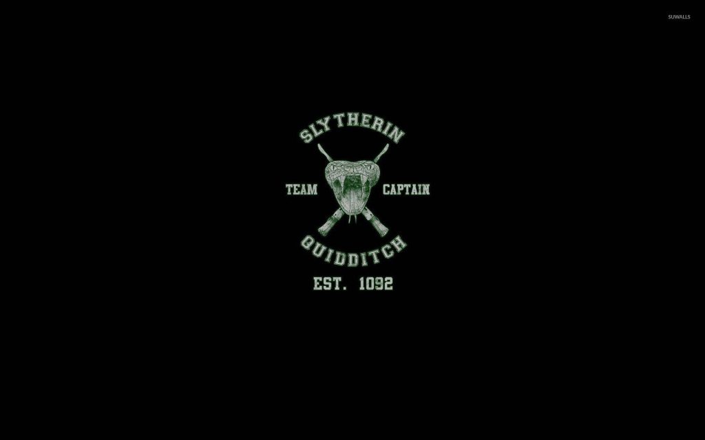 Minimalist Slytherin Quidditch Team Captain emblem with snake and broomsticks on black background Wallpaper