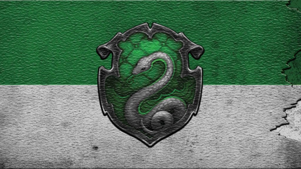 Slytherin wallpaper featuring metallic snake crest on textured green and white background digital art