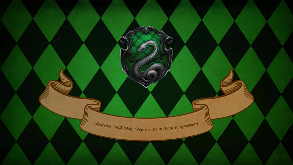 Harry Potter Slytherin wallpaper with snake crest green black diamonds and Sorting Hat quote