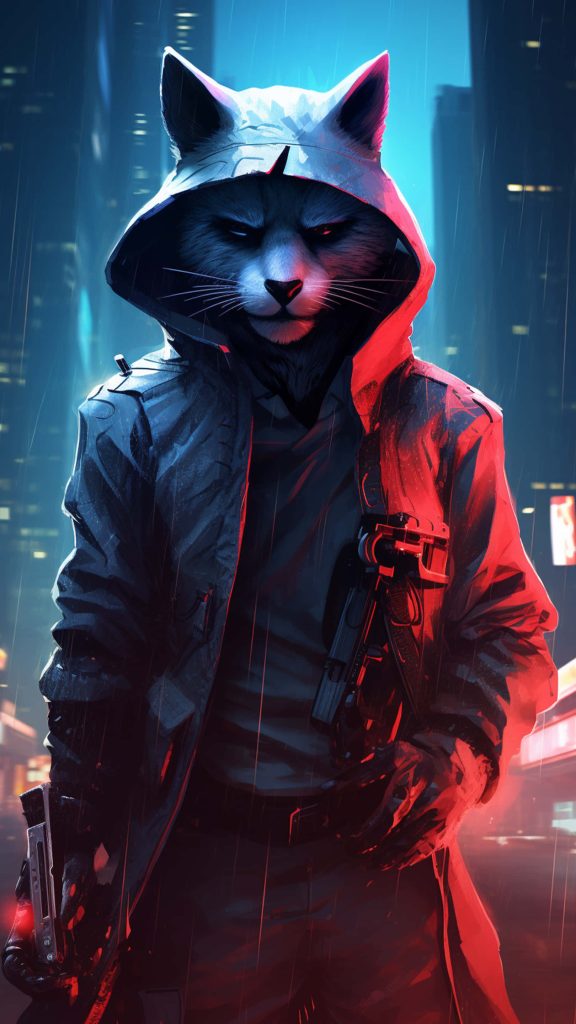 Cyberpunk smart cat wallpaper with tactical hoodie neon rain urban digital art background