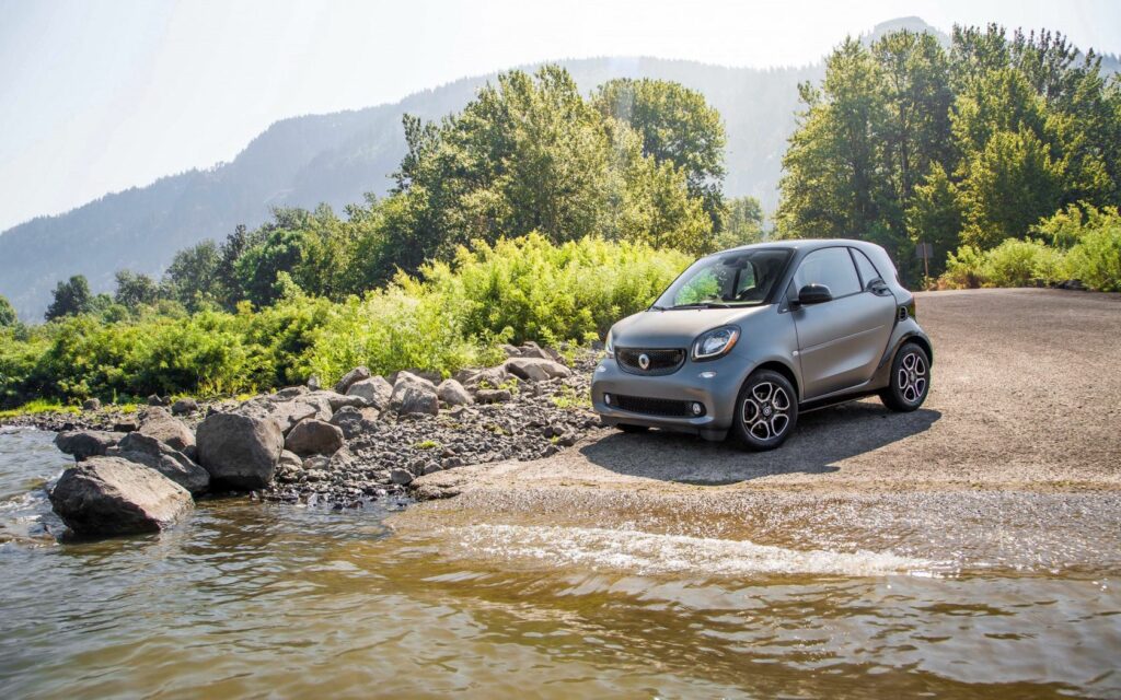 Smart Fortwo C453: Compact Car by Tranquil River & Lush Mountains Wallpaper