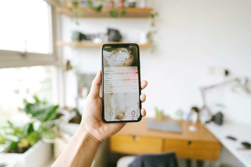 Smartphone Alerts in a Bright, Plant-Filled Workspace - Wallpaper