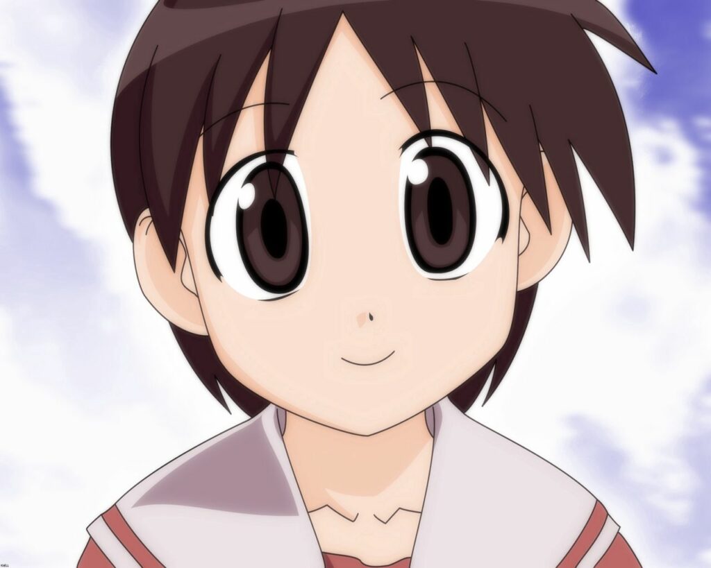 Cheerful Anime Girl Wallpaper – Short Brunette Hair & Cloudy Sky