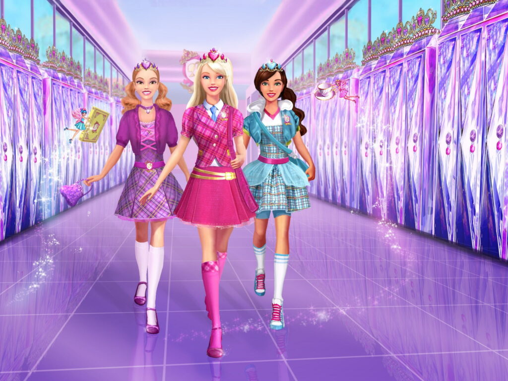 Barbie Hadley and Isla in stylish uniforms walk a sparkling purple hallway in Princess Charm School wallpaper