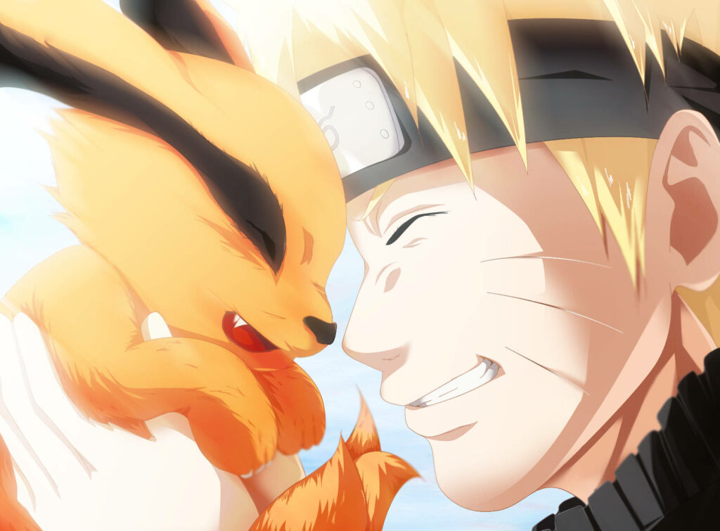 Naruto Embracing the Joyful Kurama: A Whimsical HD Wallpaper