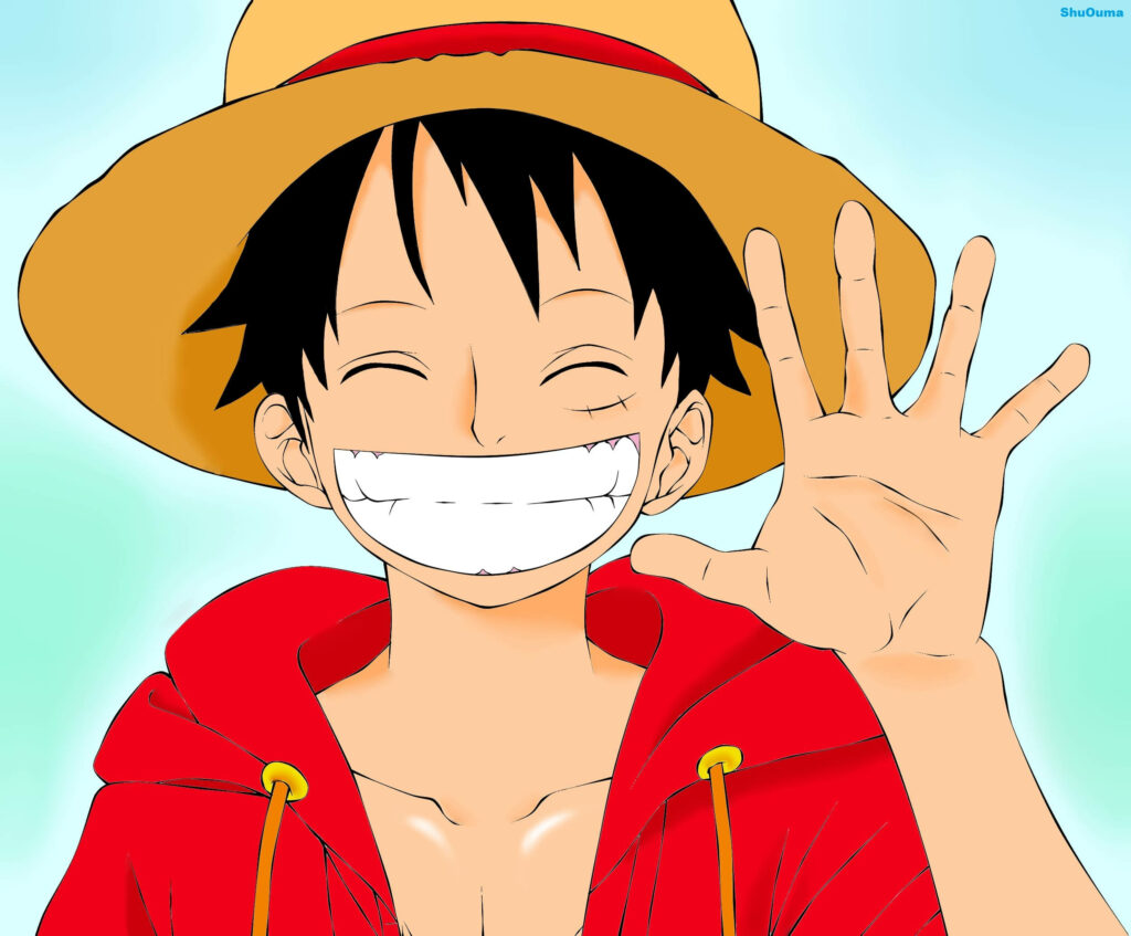 Luffy's Radiant Smile Surrounded by an Ethereal Blue Aura Wallpaper