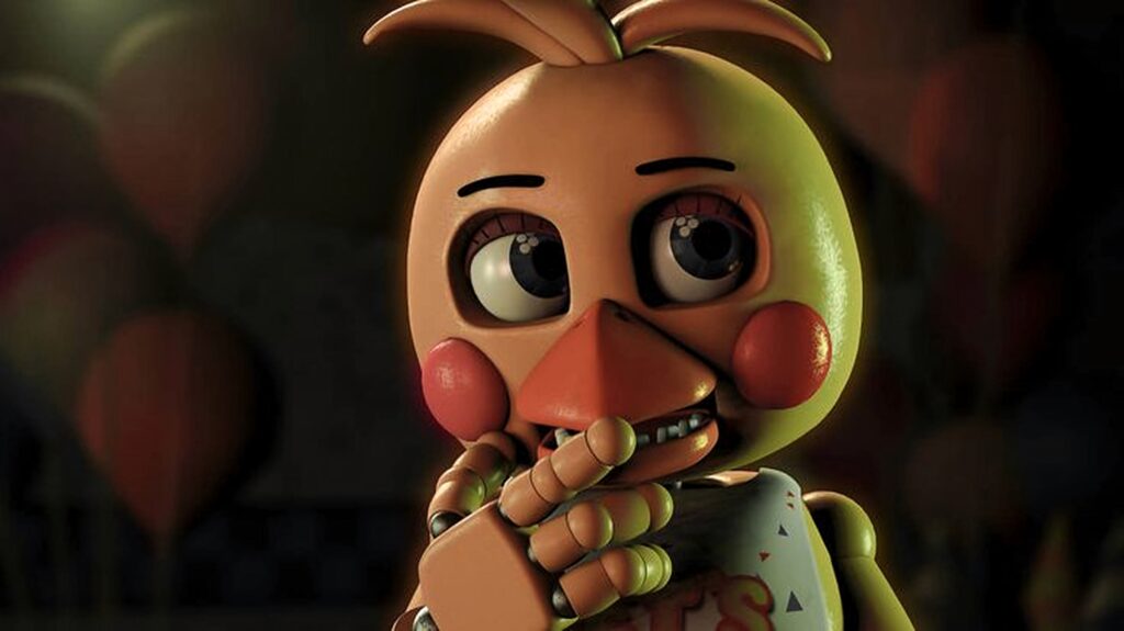 Smiling FNAF Chica in vibrant 3D animation with expressive eyes and balloons background wallpaper