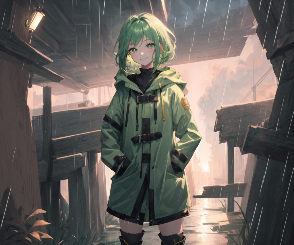 Calm Anime Wallpaper: Smiling Girl with Green Hair in Rainy Scene