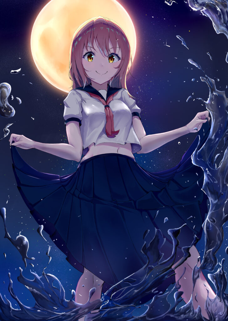 Anime Wallpaper: Smiling Girl in School Uniform with Moonlit Water