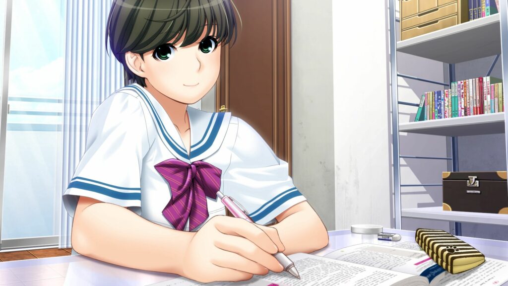 “Brunette Girl in School Uniform Writing - Peaceful Study Room Wallpaper”