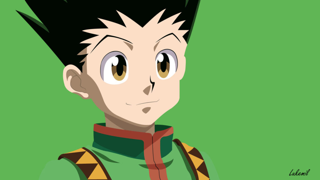 Serene Gon: A Minimalist Anime Portrait on Green Wallpaper