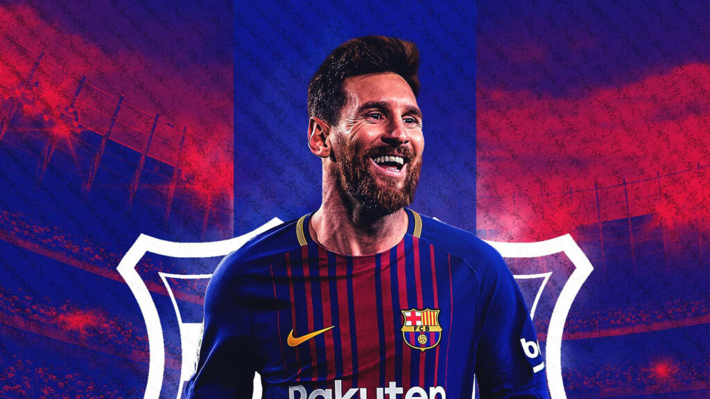 Lionel Messi digital artwork in FC Barcelona kit with vibrant blue and red stadium background Wallpaper