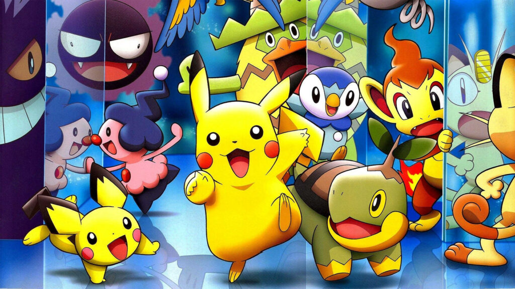 Vibrant Pokémon wallpaper with Pikachu Piplup Chimchar Meowth festive blue background digital art