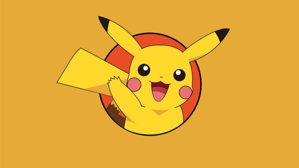 Vector-style Pikachu smiling and waving inside a red circle on bright yellow background wallpaper