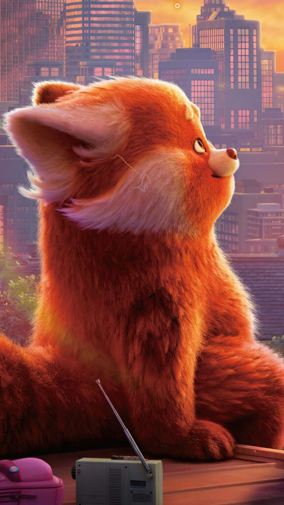 Smiling Red Panda Wallpaper: Vibrant Cityscape at Sunset