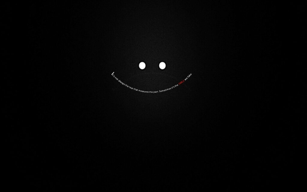 Dark minimalist wallpaper with white eyes and a smile quote about hidden pain digital art background