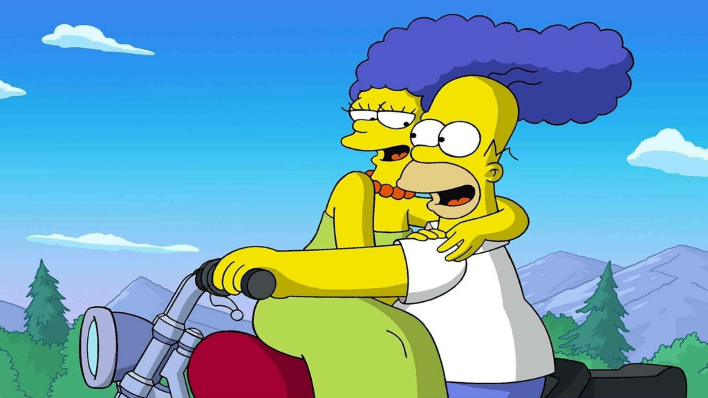 Ride into Romance: Marge and Homer's Motorcycle Moment Wallpaper