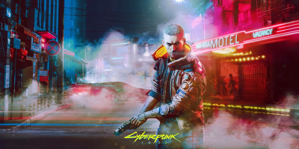 Smoke-Drenched Cyberpunk Street Scene: Futuristic Bald Assassin Brandishing a Firearm Wallpaper