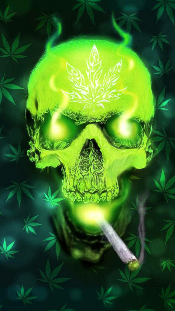 Smoking Away the Shadows: A Bold Weed Leaf Design on a Dark Green Portrait Wallpaper