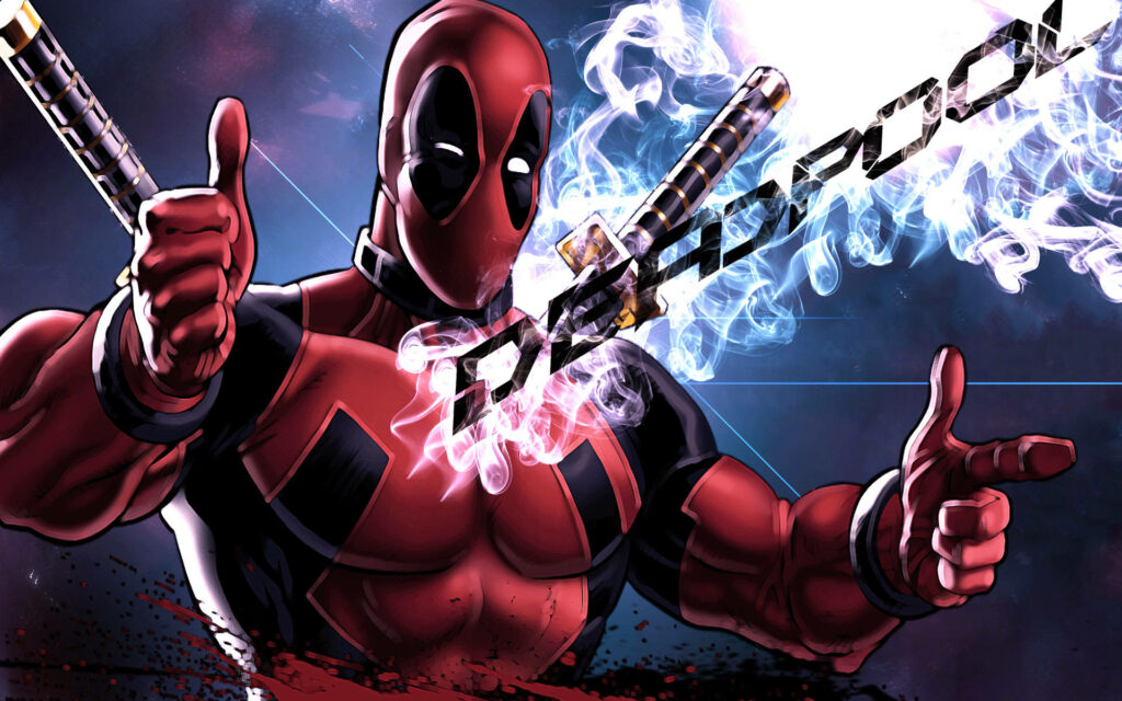 Dapper Deadpool Strikes a Pose: Iconic Wink and Double Thumbs-Up Wallpaper