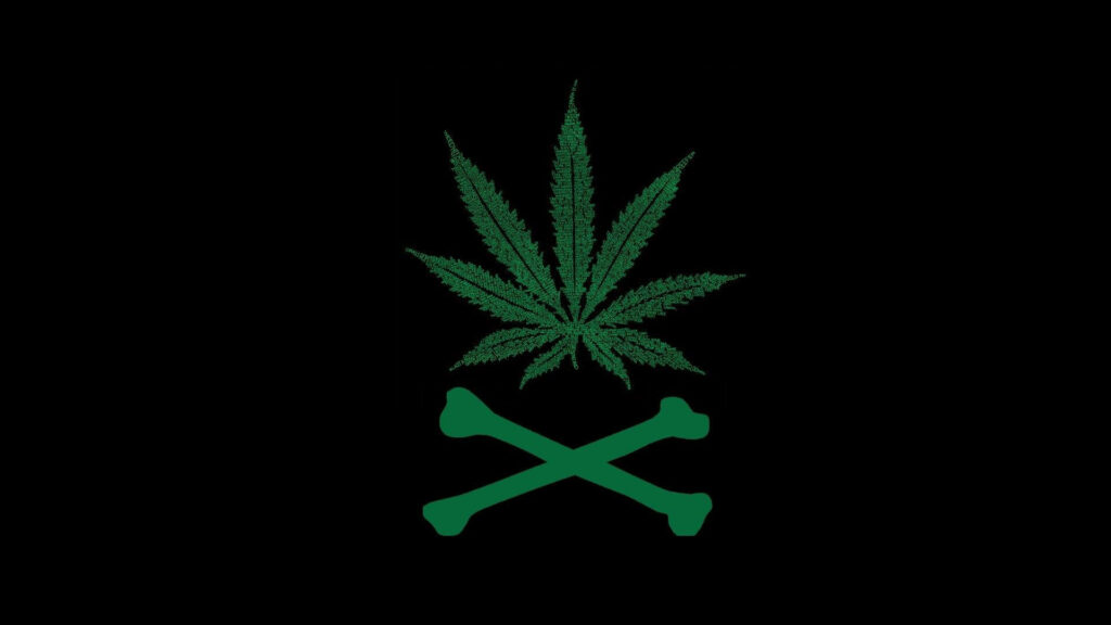 The Recreational Bliss: A Serene Compilation of Cannabis and Skeletal Aesthetics on a Noir Canvas Wallpaper