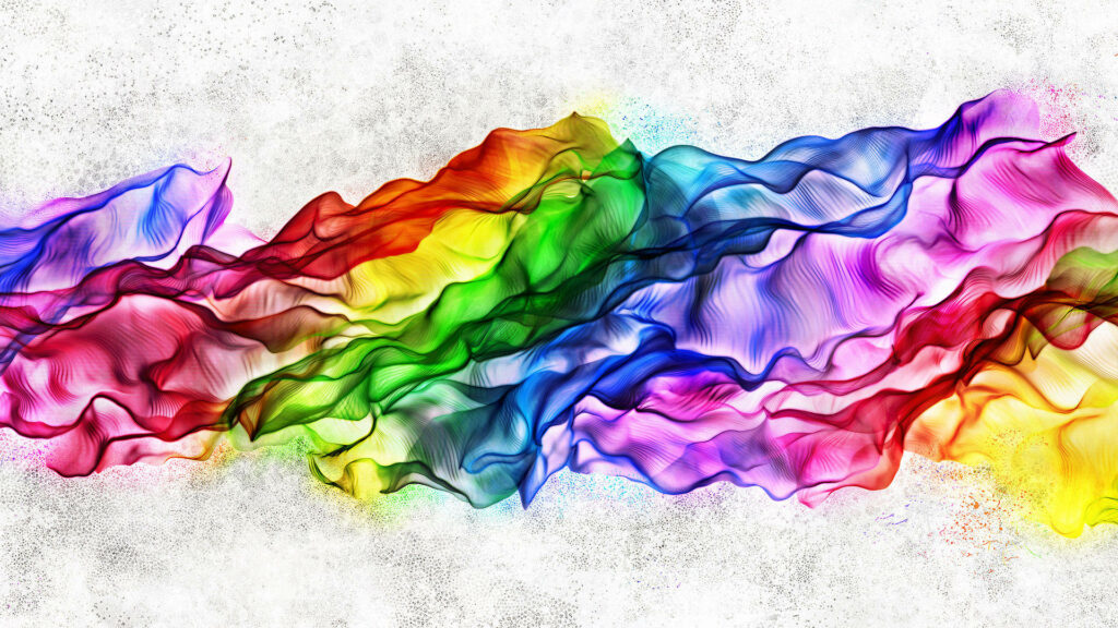 Abstract digital rainbow waves flow smoothly on a white speckled textured wallpaper background