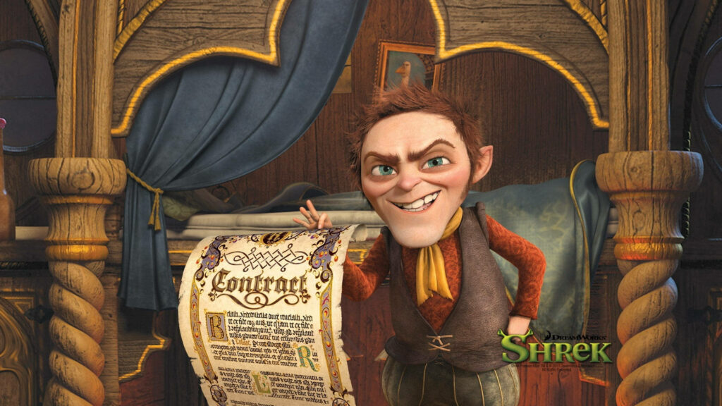 Smug Rumpelstiltskin with Contract - Captivating Shrek Wallpaper