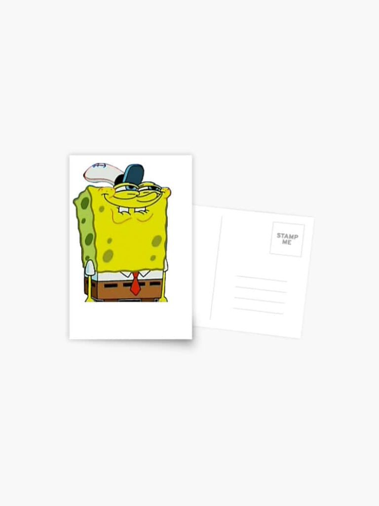 SpongeBob SquarePants quirky meme wallpaper with smug smile on minimalist white background