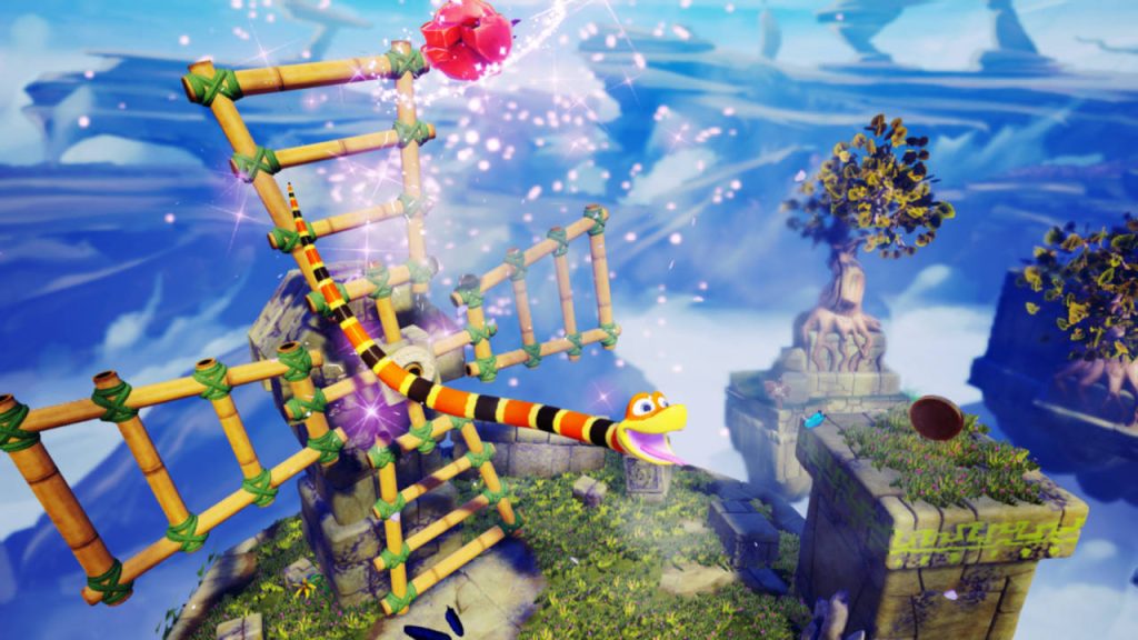 3D Snake Pass wallpaper featuring Noodle on bamboo bridge with vibrant floating island scenery