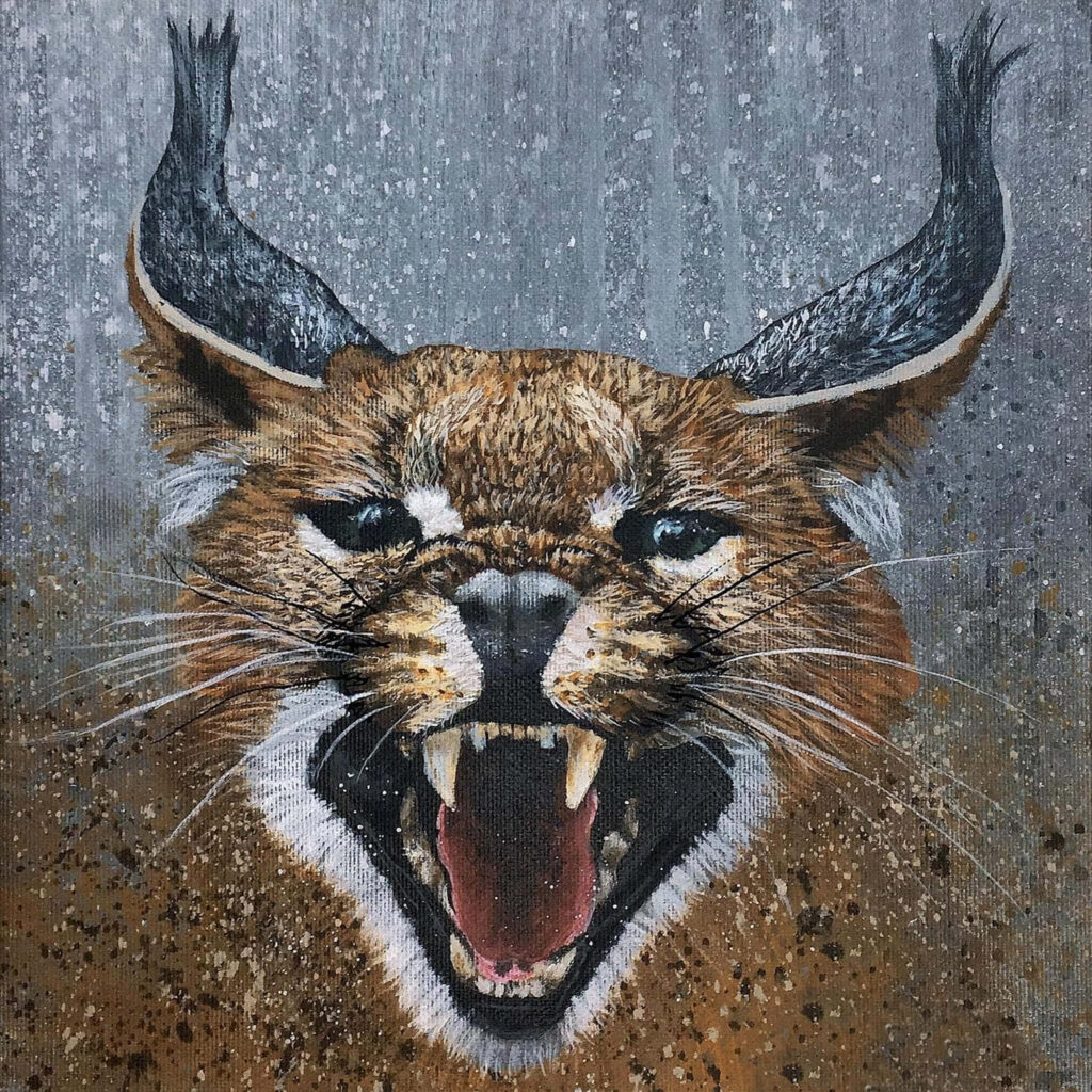 Snarling caracal artwork with sharp fangs intense gaze tufted ears on textured earthy background Wallpaper