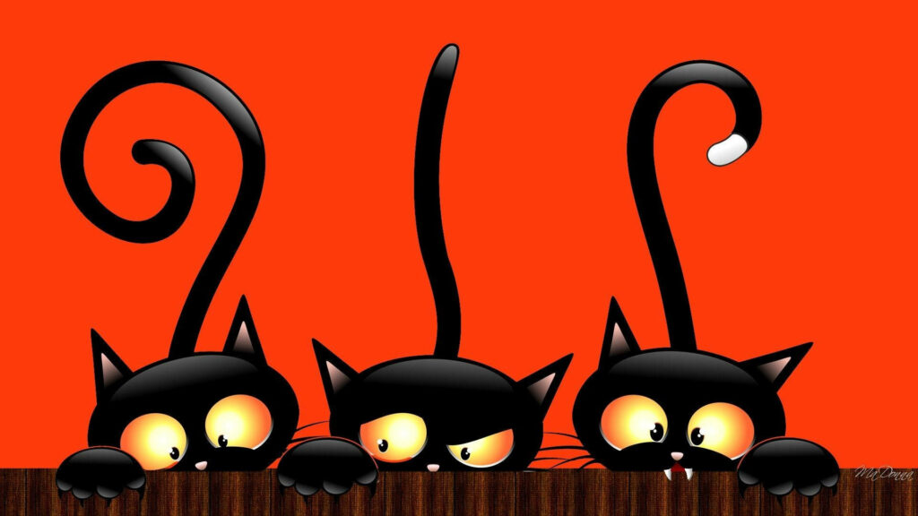 Playful Intruders: Adorable Black Cartoon Cats Mischievously Gazing with Lively Eyes and Graceful Tails on Vibrant Red Laptop Wallpaper