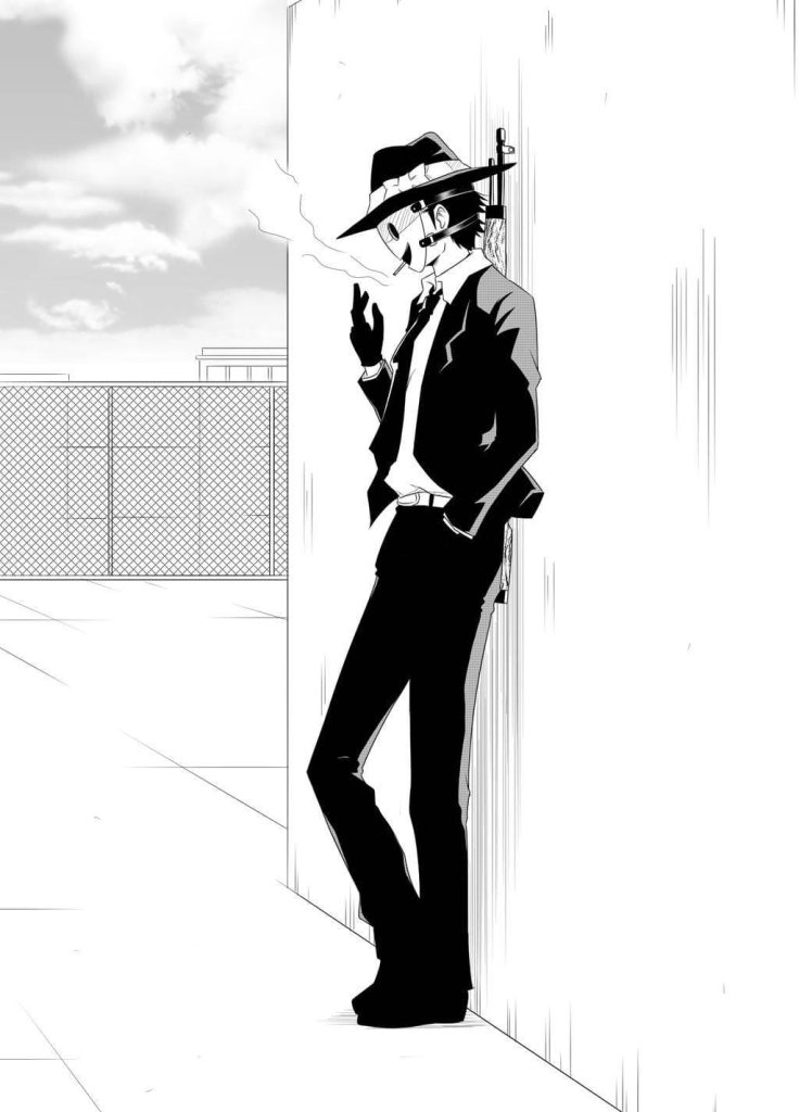 High-Rise Invasion Sniper Mask anime character in fedora and suit on rooftop black and white wallpaper