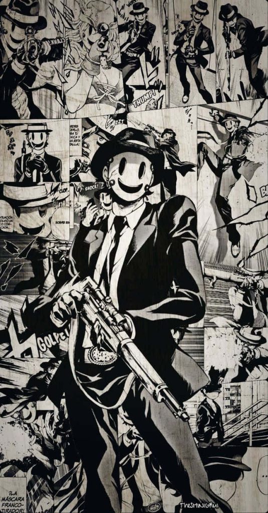 Black and white manga collage of Sniper Mask from High-Rise Invasion with rifle and suit Wallpaper