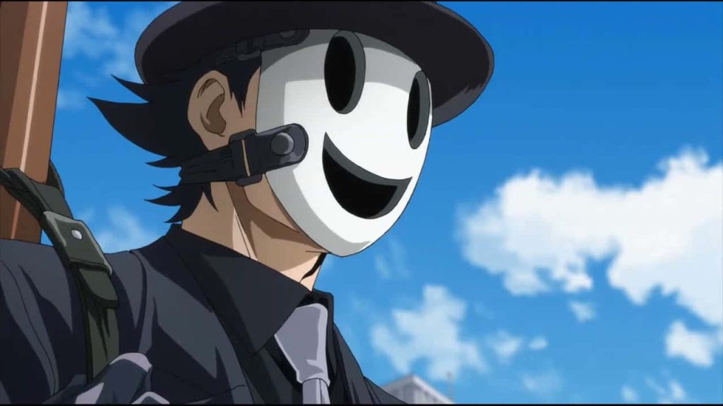 Sniper Mask from High-Rise Invasion with white smiley mask and black fedora against blue sky Wallpaper