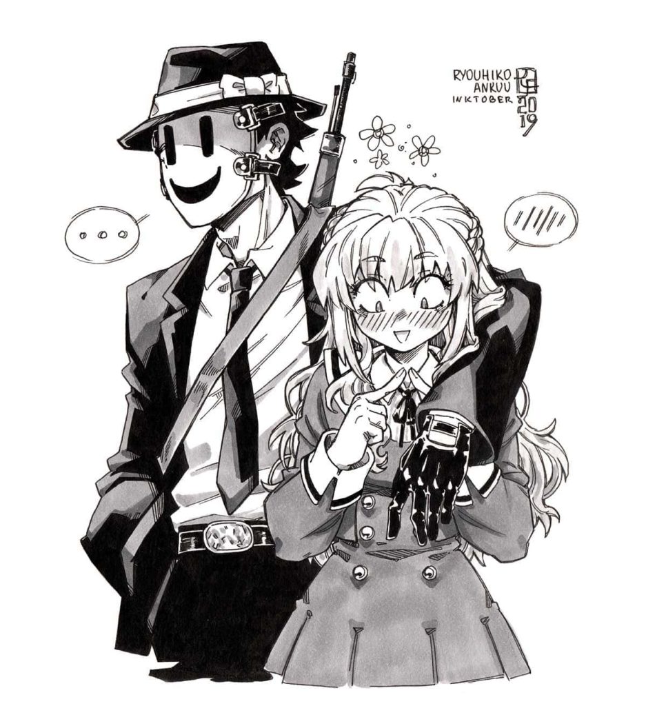Black and white ink illustration of Sniper Mask and blushing anime girl from High-Rise Invasion wallpaper