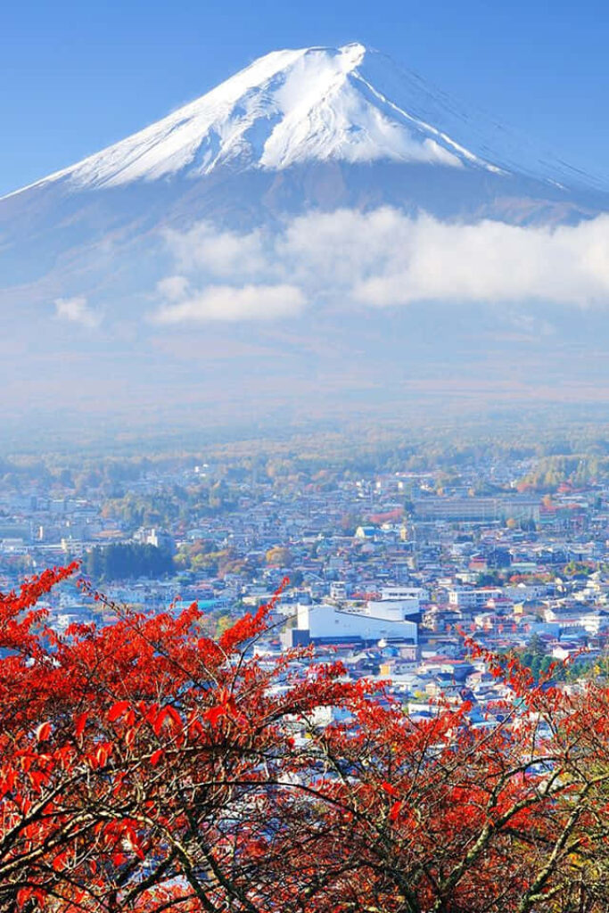 Stunning Snow-Covered Mount Fuji Wallpaper with Autumn Foliage