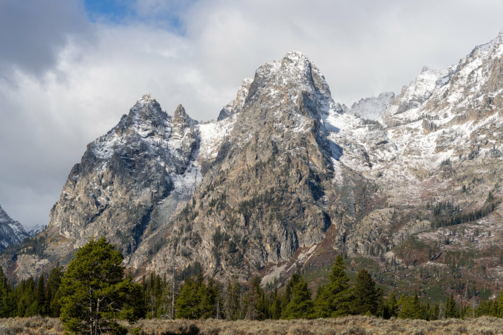 Snow-covered mountain peaks with evergreen trees under cloudy sky serene wilderness wallpaper