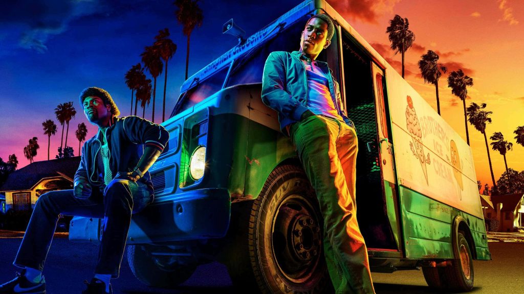 Snowfall wallpaper with Franklin Saint and Leon Simmons by Brothers Ice Cream truck at sunset