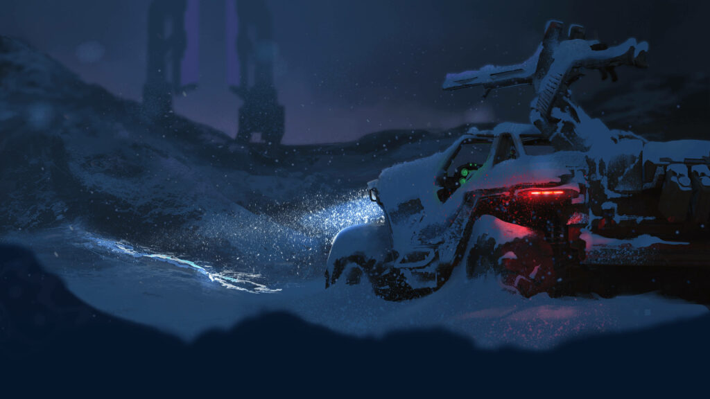 Futuristic Halo Infinite Vehicle Shines Brightly in Wintry Landscape: A Captivating 4K Background Wallpaper
