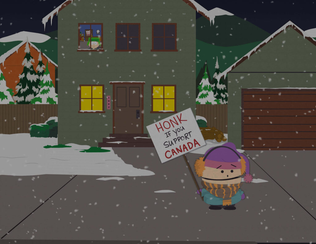 Snowy South Park Evening: Classic Humor & Canada Support Wallpaper