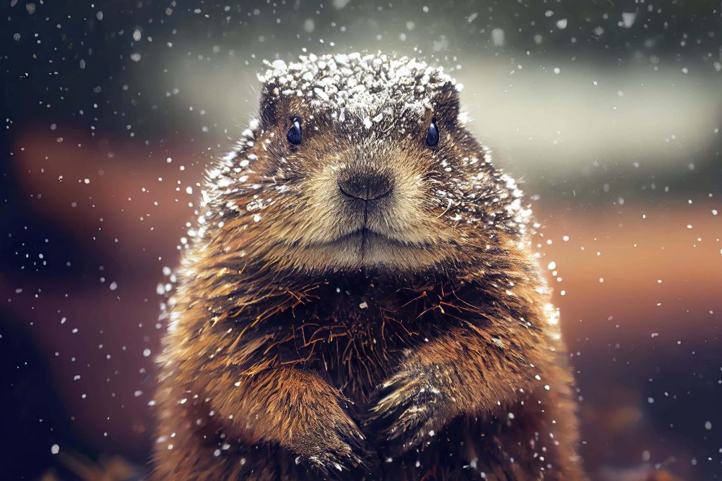 Fluffy snowy groundhog close-up with soft light and blurred winter background wallpaper