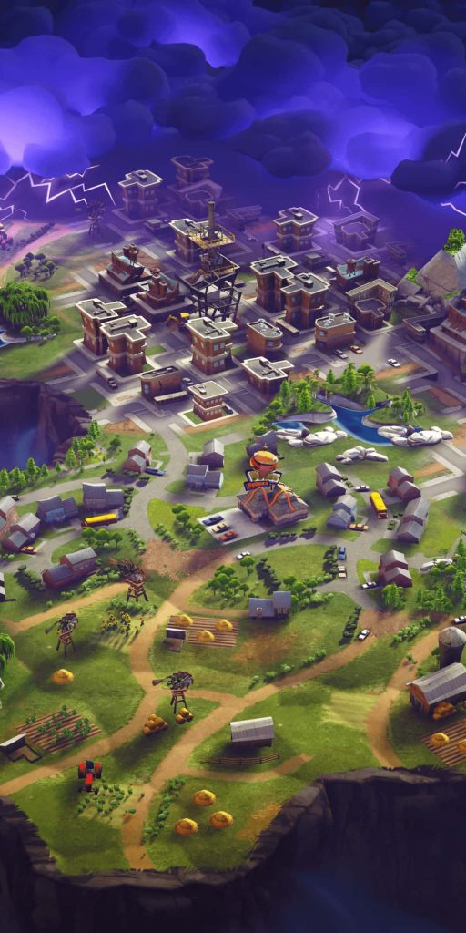 Aerial view of Fortnite Greasy Grove with Durrr Burger under lightning storm dark sky wallpaper