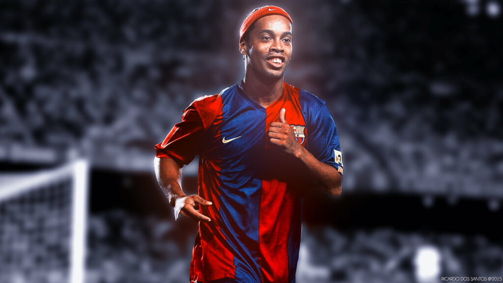 The Flamboyant Maestro: Ronaldinho's Legendary Reign at FC Barcelona captured in an HD Soccer Wallpaper