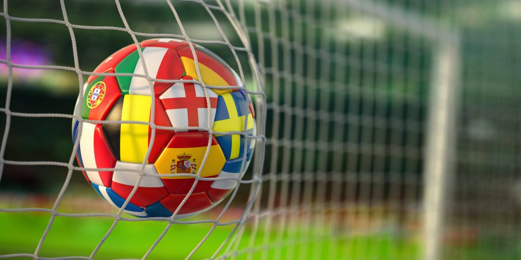 CGI soccer ball with European flags scores goal vibrant international football wallpaper background
