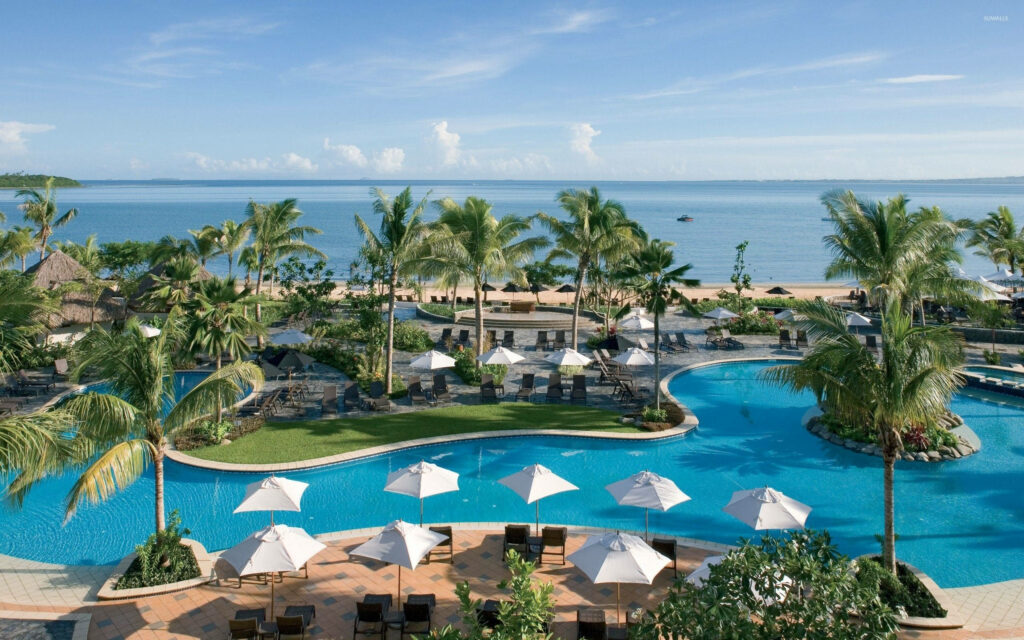 Sofitel Fiji Resort pool with palm trees white umbrellas and tranquil beachfront blue waters view Wallpaper